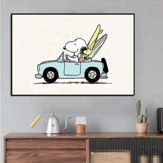 Snoopy Beach Vacation Cartoon Painting – Fun Canvas Print for Kids' Rooms